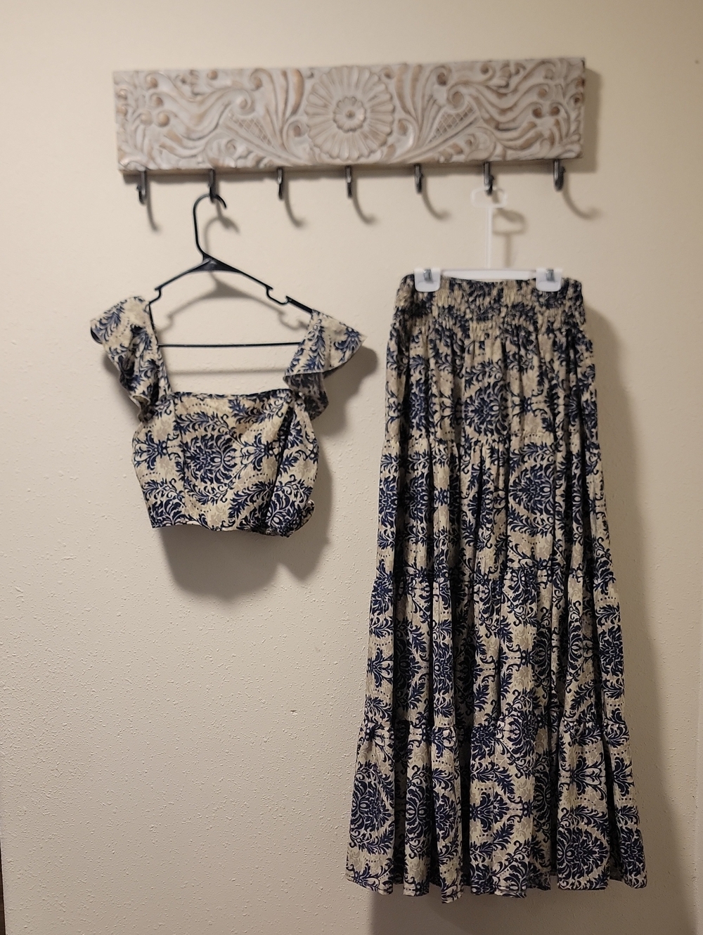 Two-Piece Floral Crop Top + Maxi Skirt Set in Navy and Cream